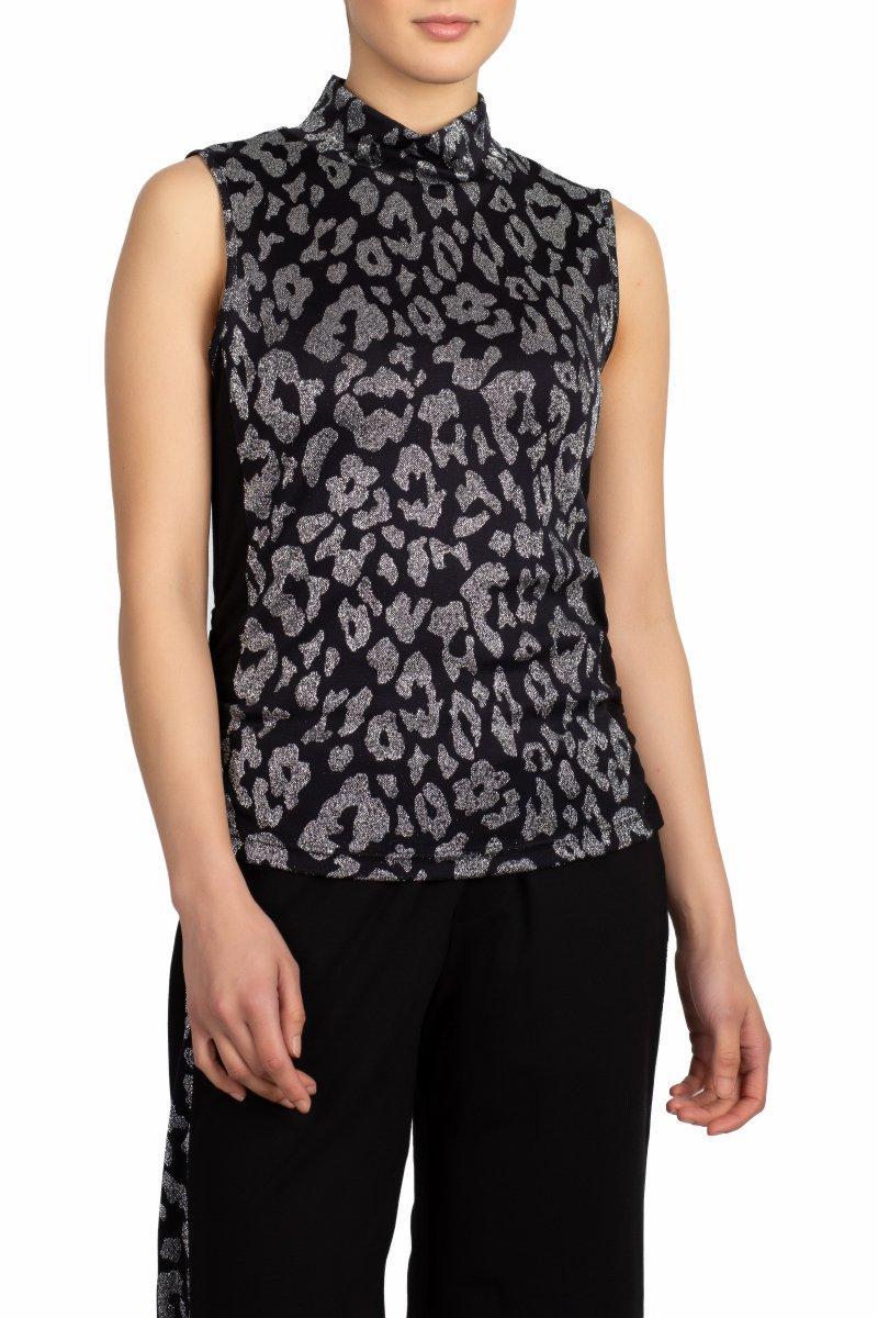 Sparkling Leopard Mock Neck Tank Black Silver